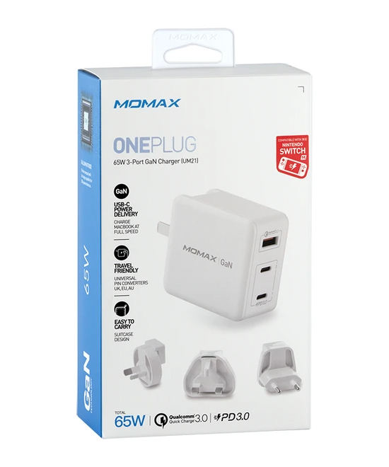 Momax ONEPlug 3-Port GaN Fast Charger 65W Ultra-Lightweight Universal (UM21) - White-0