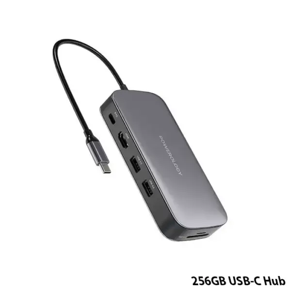 محور USB-C وقرص SSD من باورولوجي بسعة 256GB - تخزين وتوصيل شامل - PD 100W - رمادي-0