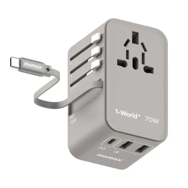 شاحن سفر موماكس وورلد+ بثلاث منافذ مع كابل USB-C مدمج (GaN 70W) - رمادي-0