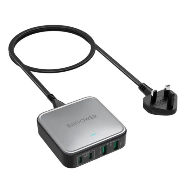 شاحن مكتبي محمول من رافباور بأربعة منافذ، 100 واط، موديل RP-PC1042 - أسود