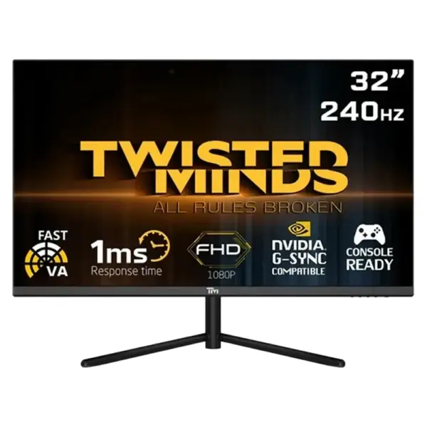 شاشة ألعاب تويستد مايندز مقاس 32 بوصة، بدقة FHD، ومعدل تحديث 240Hz، وتقنية VA، ووقت استجابة 1ms/مع دعم HDR ومنفذ HDMI 2.1-0