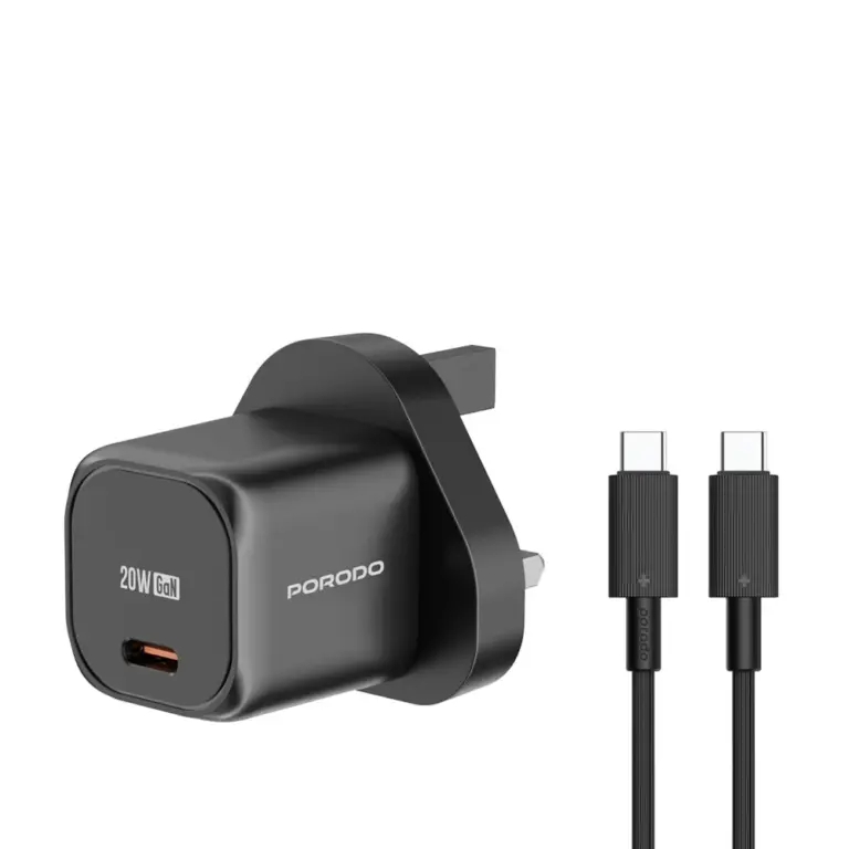 Porodo Pd 20w Usb-c Output Uk Fast Charger With Usb-c To Usb-c Cable - Black-0