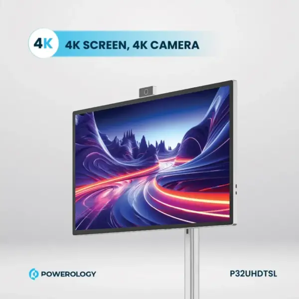 جهاز لوحي باورولوجي بنظام أندرويد مقاس 32 بوصة بدقة UHD وتردد 60Hz مع حامل، ذاكرة 8 + 128GB - فضي - 0