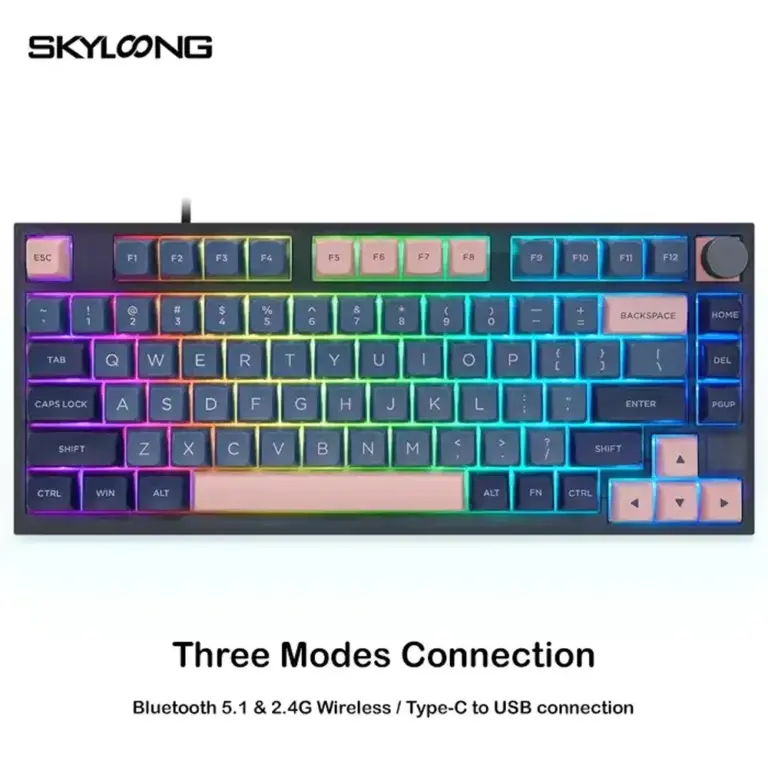 Skyloong Gk75 Three Modes Connection - Blue-pink (Mechanical & Hot-swappable Knob) Gaming Keyboard (Switch Brown) English / Arabic Layout-0