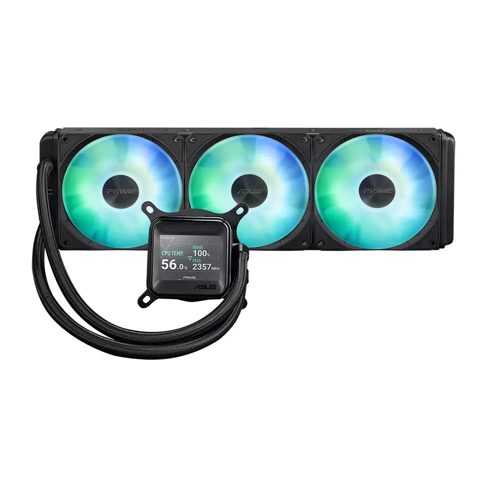 ASUS Prime LC ARGB LCD all-in-one CPU liquid cooler with sharp screen showcasing CPU & GPU information - Black-0