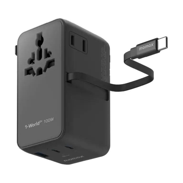 Momax 1-World²⁺ 4-Port Mini Universal Travel GaN Charger with Built-In Retractable Cable 100W with Dual AC - Black-0