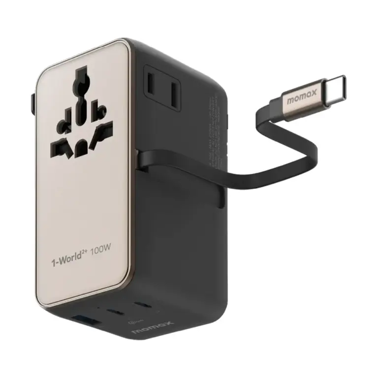 Momax 1-World²⁺ 4-Port Mini Universal Travel GaN Charger with Built-In Retractable Cable 100W with Dual AC - Titanium-0