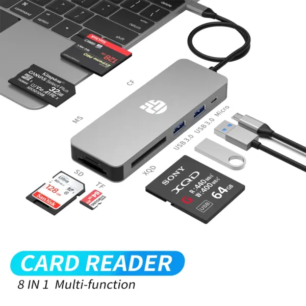 Yuanshan 8-in-1 USB C Hub with Power Delivery - USB 3.0 Ports & SD/XQD/CF Card Reader-0