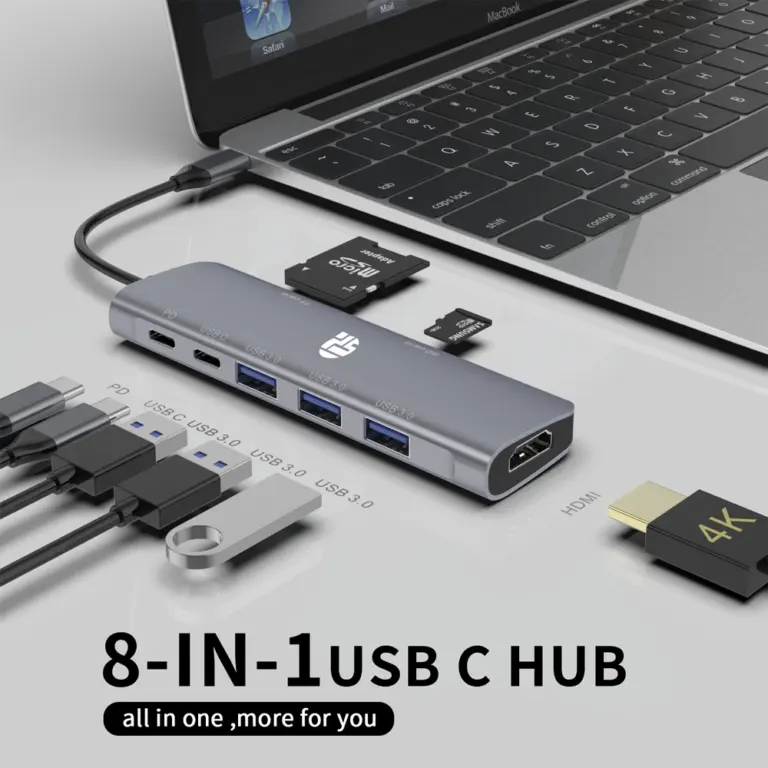 Yuanshan 8 IN 1 USB C HUB with HDMI 4K60HZ + PD 100W + Type C Data + 3 x USB A 3.0 +SD +TF card reader slot power charging multiport adapter docking station-0