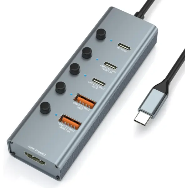 Yuanshan 6-in-1 USB-C Hub Adapter — USB 3.2 Gen 2 10Gbps, 4K@60Hz HDMI, 100W PD-0