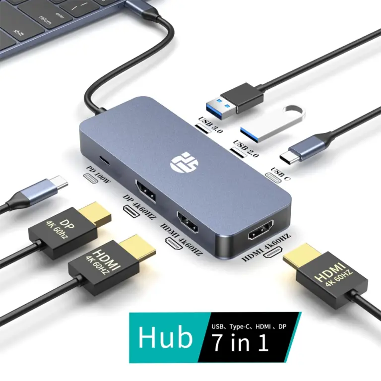 Yuanshan 7-in-1 USB-C Hub with Dual HDMI, DisplayPort 4K@60Hz, 100W PD, and USB-A Expansion-0