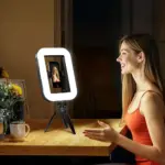 يد حمل حلقي من بوروبو لايف ستايل لإضاءة تصوير الفيديو للمدونين مع قاعدة مكتبية ومشبك للهاتف - أسود