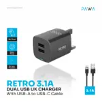 Pawa Retro 3.1a Dual USB UK Charger With Usb-a To Usb-c Cable - Black - Image 2