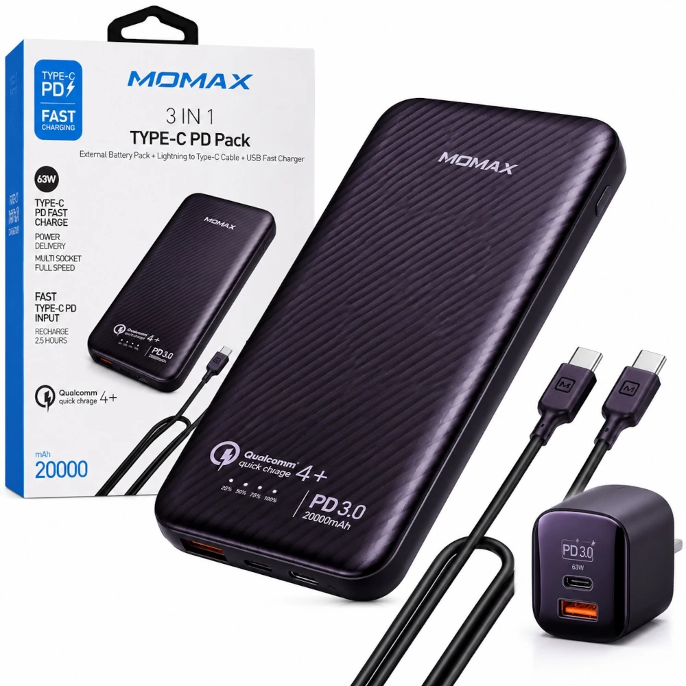 890 (1) MOMAX 3-in-1 Type-C PD Pack – 20,000mAh Power Bank with PD Charger & Cable - Image 1