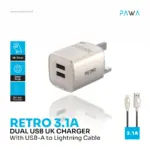 ⁦شاحن Pawa Retro بمنفذ USB مزدوج وقوة 3.1 أمبير بمعيار المملكة المتحدة (UK) مع كابل USB-A إلى Lightning - لون التيتانيوم⁩ - الصورة ⁦3⁩