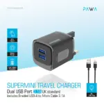 Pawa Supemini Travel Charger Dual USB Port 3.1a UK Standard Includes Braided Usb-a To Micro Cable 3.1a - Black - Image 2