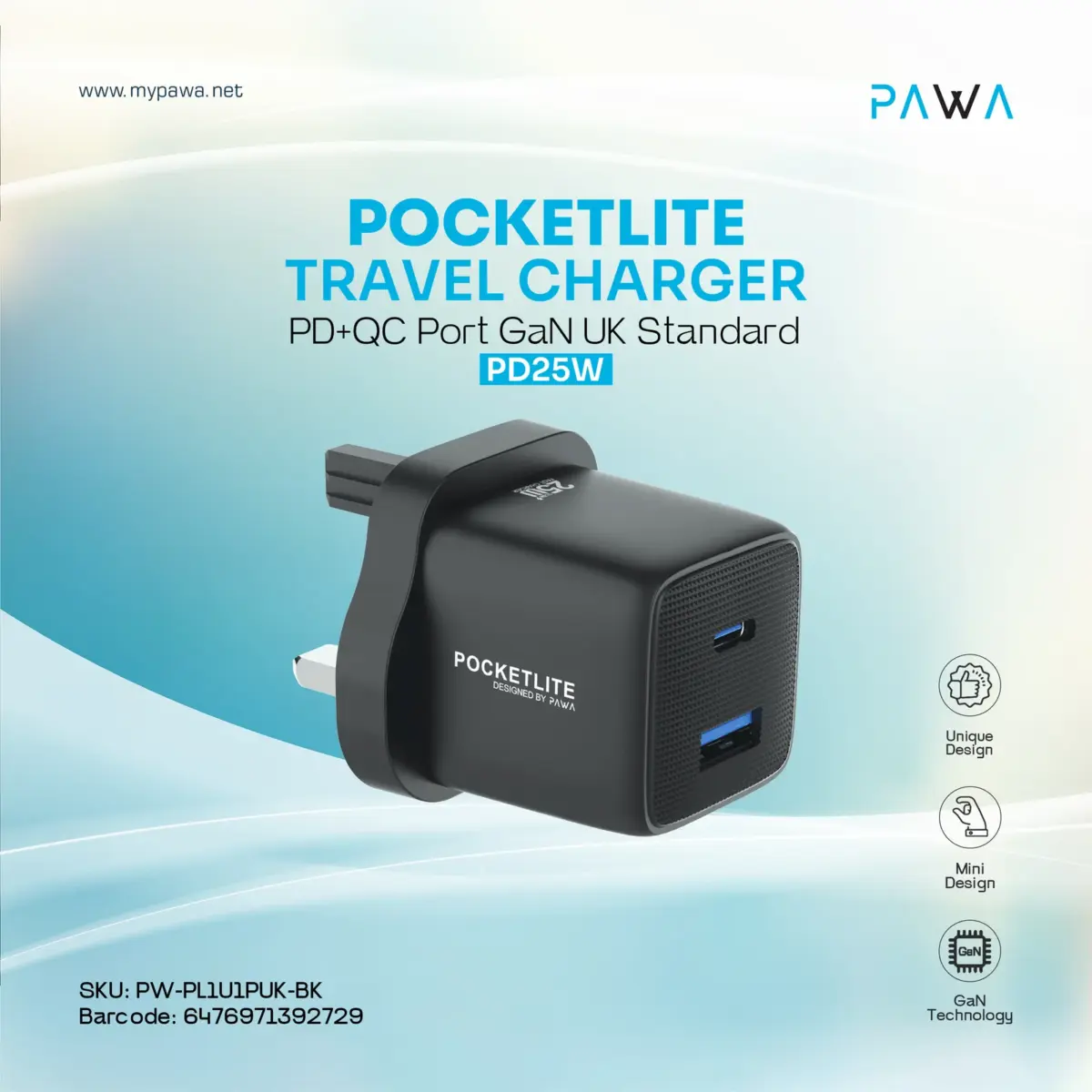 Pawa Pocketlite Travel Charger Pd+qc Port Gan UK Standard - Black - Image 3