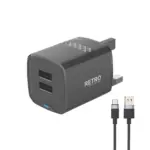 شاحن Pawa Retro بمنفذ USB مزدوج وقوة 3.1 أمبير بمعيار المملكة المتحدة (UK) مع كابل USB-A إلى USB-C - اللون الأسود