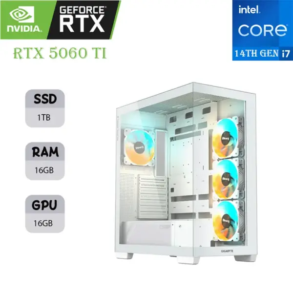 كمبيوتر ألعاب Gigabyte C500 | معالج Intel i7 الجيل 14F | كرت شاشة RTX 5060 Ti سعة 16 جيجابايت | ذاكرة سعة 16 جيجابايت | رام SSD سعة 1 تيرابايت