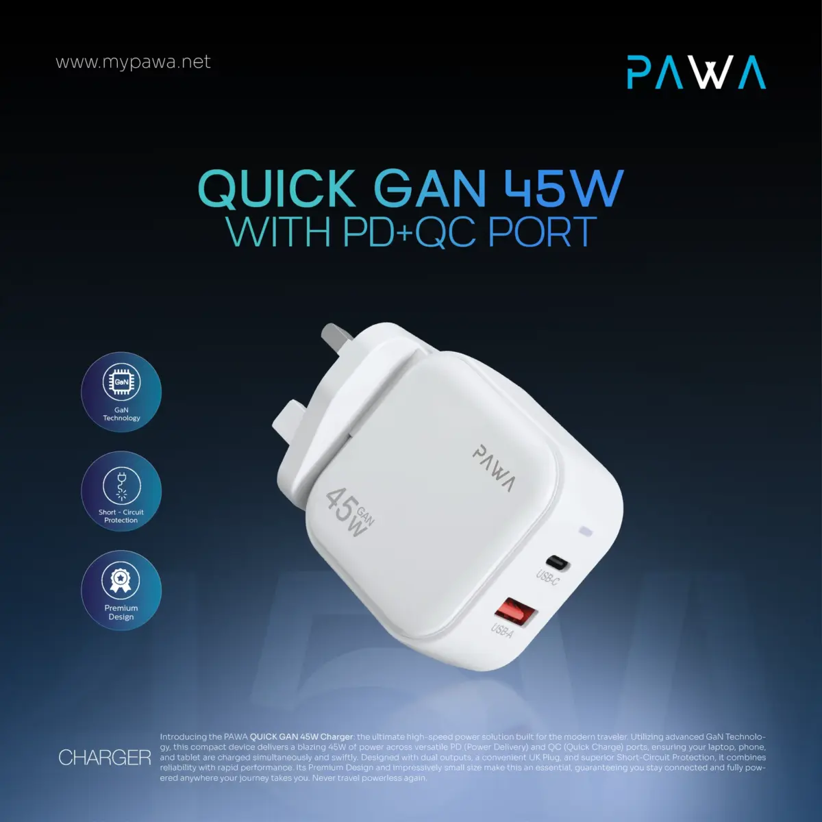 Pawa Quick Gan 45w With Pd+qc Port - White - Image 3