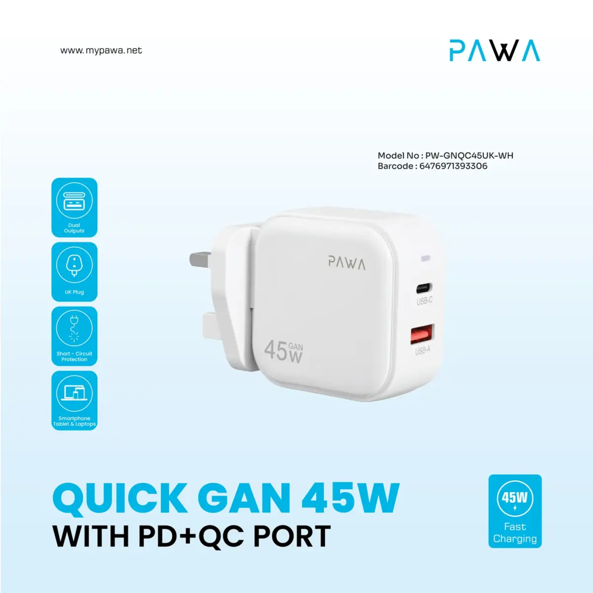 Pawa Quick Gan 45w With Pd+qc Port - White - Image 5