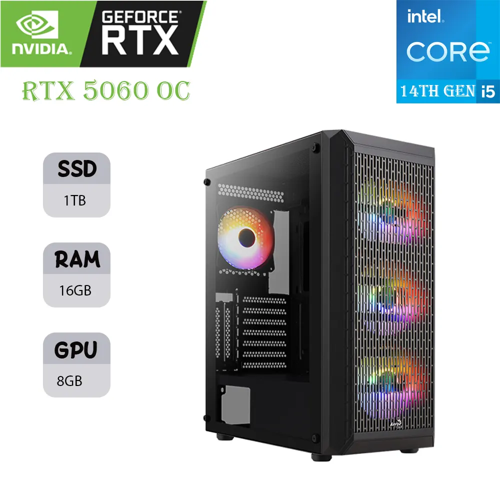 45tert6456 (1) Aerocool Beam Gaming Pc | Intel I5-14gen | Rtx 5060 Oc 8gb | 16gb RAM | 1tb SSD - Image 1