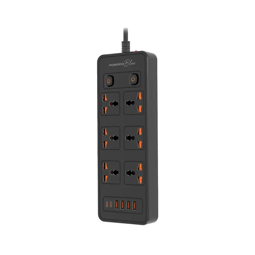 okefs Porodo Blue 6 AC - Dual Switch Power Strip - Black - Image 1