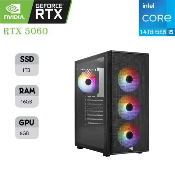 كمبيوتر ألعاب أيروكول | معالج INTEL I5-14F (الجيل 14) | كرت شاشة RTX 5060 OC 8GB | ذاكرة 16GB RAM | قرص 1TB SSD