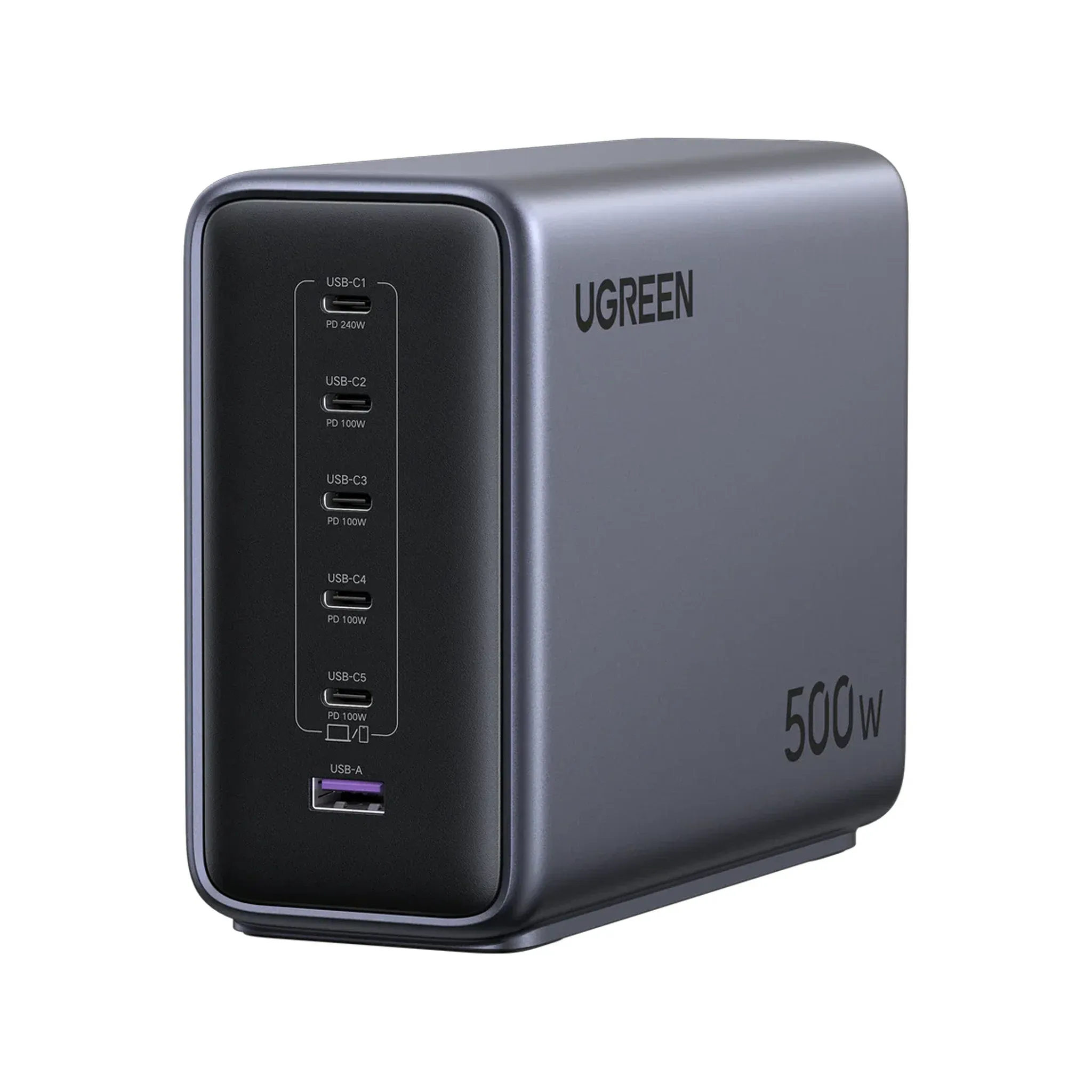 ugreen45wganfastchargerwithretractablecable_2-port_spacegray_1111111111 Ugreen 500w 6-port Gan Desktop Fast Charger UK Nexode - Space Gray - Image 1
