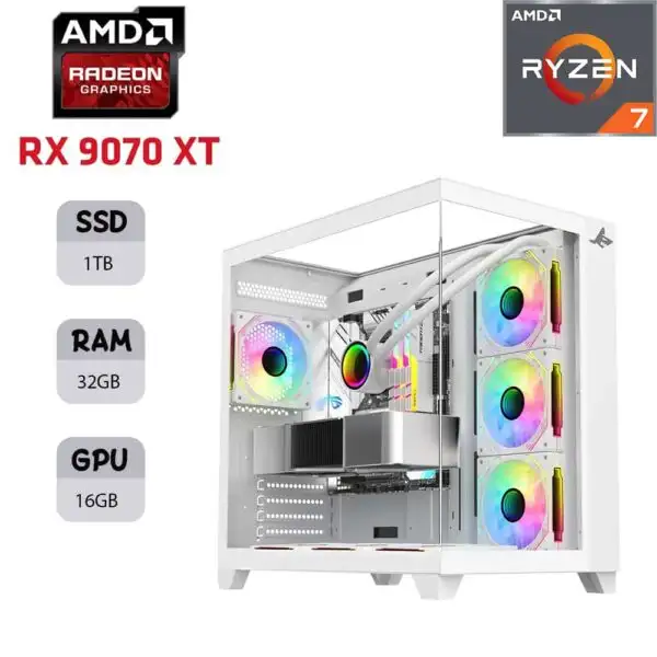 كمبيوتر الألعاب SHARX PROFIN | AMD RYZEN 7 9700X | RX 9070 XT OC 16 جيجابايت | ذاكرة وصول عشوائي (RAM) سعة 32 جيجابايت | محرك أقراص SSD سعة 1 تيرابايت
