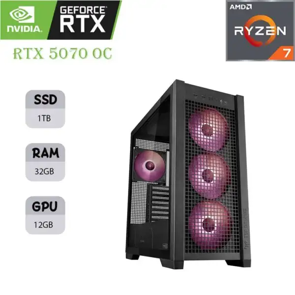 كمبيوتر ألعاب ASUS TUF | معالج AMD RYZEN 7 9700X | بطاقة رسومات RTX 5070 OC سعة 12 جيجابايت | ذاكرة وصول عشوائي (RAM) سعة 32 جيجابايت | محرك أقراص SSD سعة 1 تيرابايت