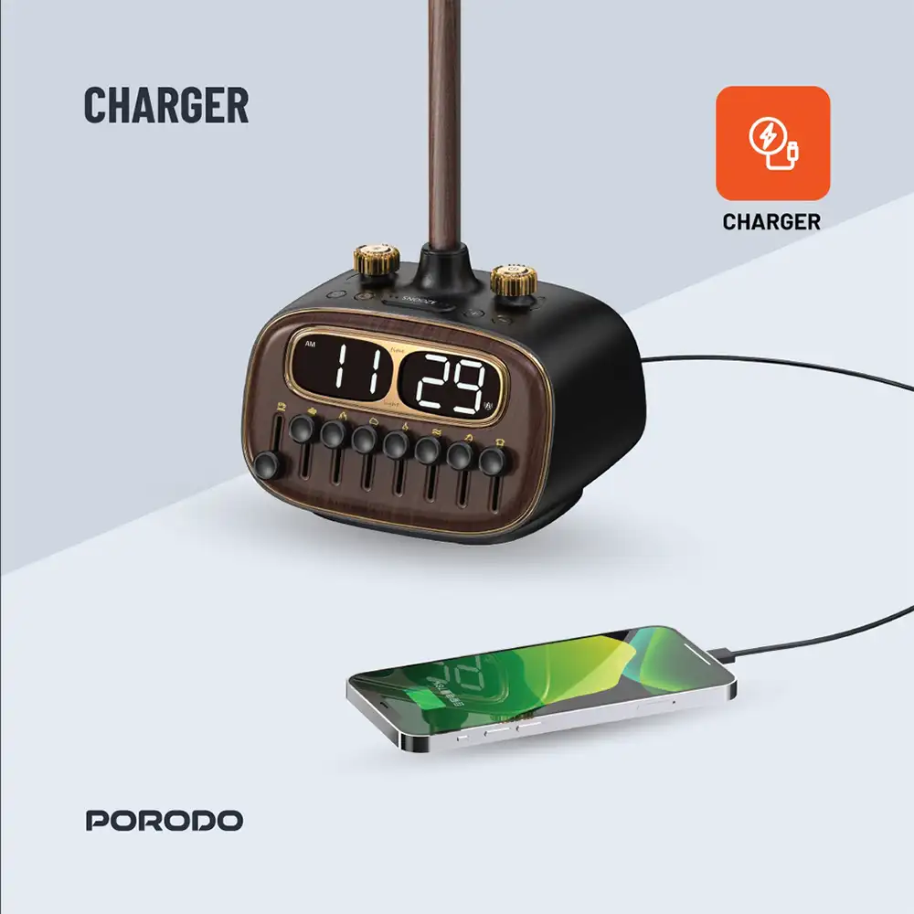 ⁦مصباح مكتب Retro من Porodo Lifestyle مع ضوضاء بيضاء ومكبر صوت Bluetooth - أسود⁩ - الصورة ⁦5⁩