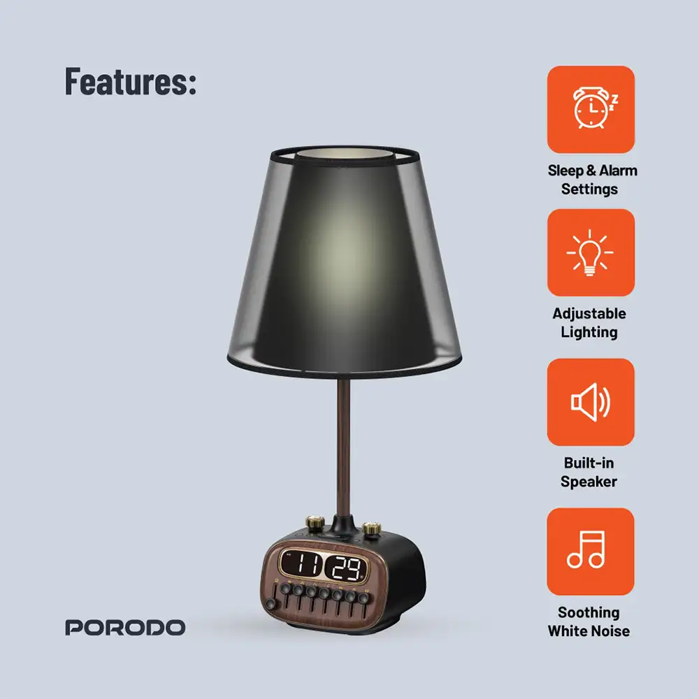 ⁦مصباح مكتب Retro من Porodo Lifestyle مع ضوضاء بيضاء ومكبر صوت Bluetooth - أسود⁩ - الصورة ⁦2⁩