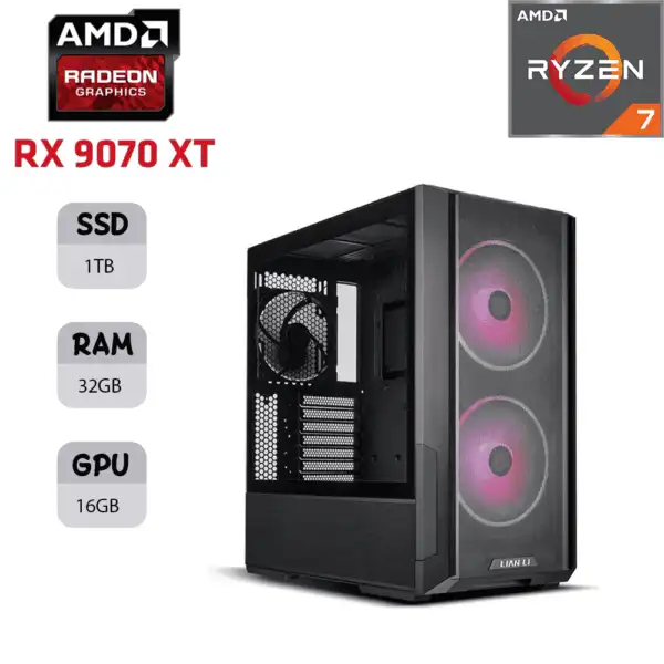 كمبيوتر ألعاب LIAN LI | معالج AMD RYZEN 7 9800X3D | بطاقة رسومات RX 9070 XT OC بسعة 16 جيجابايت | ذاكرة وصول عشوائي (RAM) بسعة 32 جيجابايت | محرك أقراص SSD بسعة 1 تيرابايت