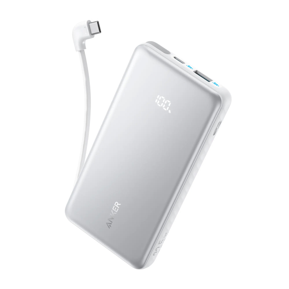 esfszggr Anker Zolo Powerbank 10000mAh 22.5W Fast Charging Power Bank with Built-in USB-C Cable - White - Image 1