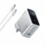 Anker Charger (100w, 3 Ports, Smart Display) With USB-C Cable - Silver